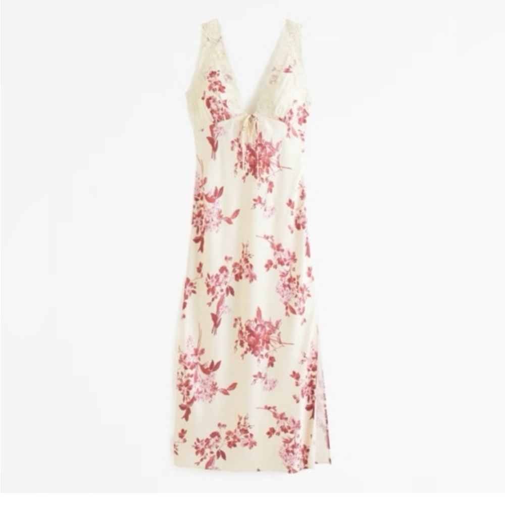Abercrombie & Fitch Ivory & Pink Floral Satin Slip Midi Dress XS